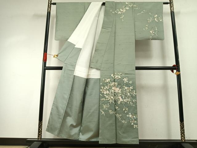 平和屋着物●訪問着 紬地 友禅 作家物 草花文 正絹 逸品 AABJ4208fy