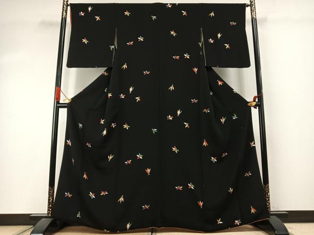 平和屋着物●上質な小紋 舞花文 黒地 金彩 鬼しぼ縮緬 正絹 逸品 AABJ4209fy