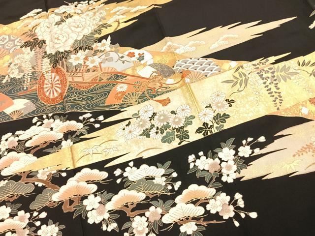 平和屋着物●豪華黒留袖 刺繍 扇面花文 金銀彩 ますいわ屋扱い 正絹 逸品 AABJ4216fy