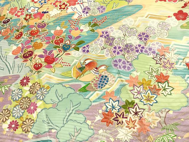 平和屋着物●豪華振袖 駒刺繍 花鳥文 暈し染め 金糸 金彩 正絹 逸品 AABJ4241fy