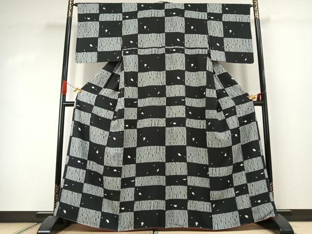 平和屋着物●上質な小紋 市松文様 黒地 正絹 逸品 AABJ4263fy