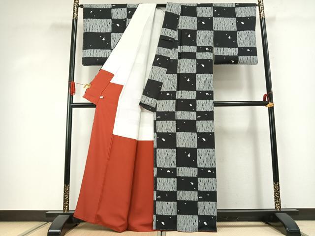 平和屋着物●上質な小紋 市松文様 黒地 正絹 逸品 AABJ4263fy