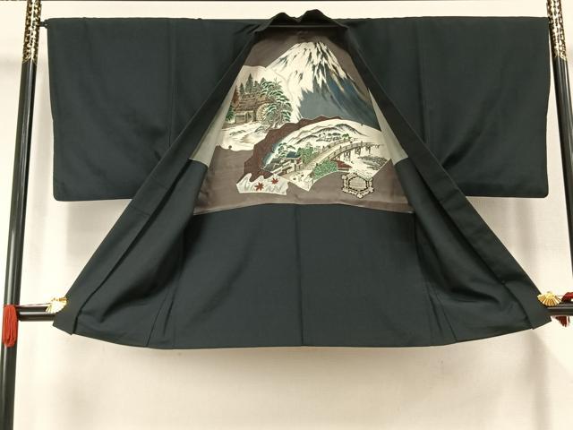 平和屋着物●男性 お召 アンサンブル 霞文 黒地 正絹 逸品 AABJ4274fy