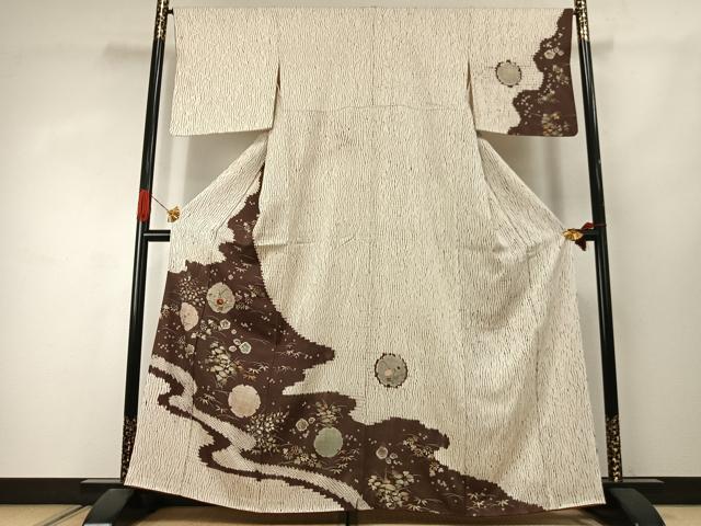 平和屋着物●訪問着 杢目絞り 刺繍 雪輪花文 金彩 正絹 逸品 AABJ4276fy