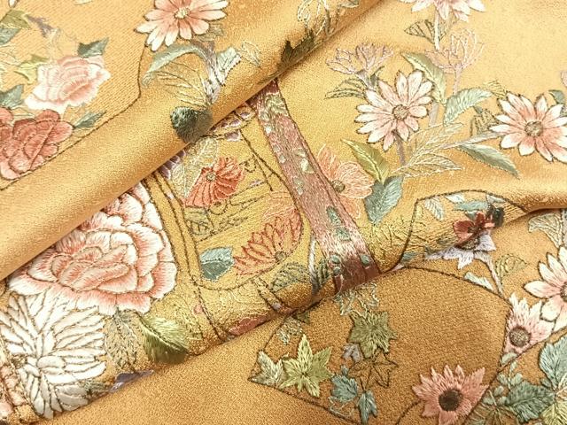 平和屋着物●訪問着 蘇州刺繍 総刺繍 誰が袖地紙花文 金糸 反端付き 正絹 逸品 未使用 AABJ4277fy