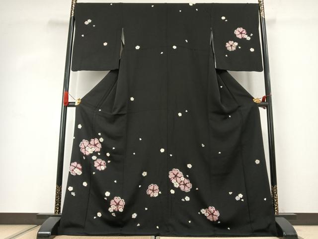 平和屋着物●訪問着 駒刺繍 舞花文 黒地 金彩 鬼しぼ縮緬 ロング丈 正絹 逸品 AABJ4290fy