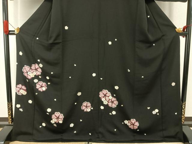 平和屋着物●訪問着 駒刺繍 舞花文 黒地 金彩 鬼しぼ縮緬 ロング丈 正絹 逸品 AABJ4290fy