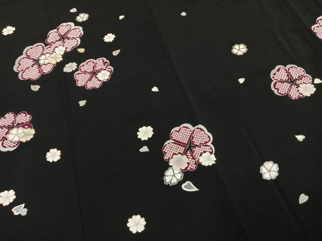 平和屋着物●訪問着 駒刺繍 舞花文 黒地 金彩 鬼しぼ縮緬 ロング丈 正絹 逸品 AABJ4290fy