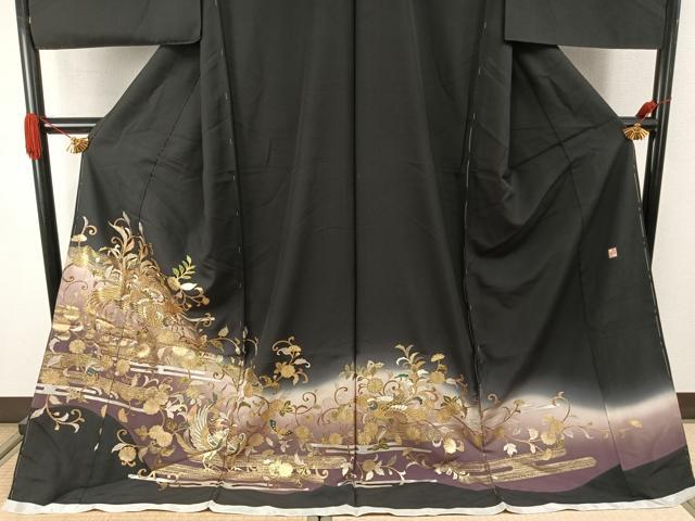 平和屋着物●豪華黒留袖 作家物 舞蝶花鳥文 暈し染め 金銀彩 丹後ちりめん 仮絵羽 正絹 逸品 未使用 AABJ4292fy