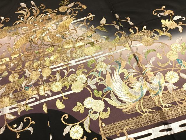 平和屋着物●豪華黒留袖 作家物 舞蝶花鳥文 暈し染め 金銀彩 丹後ちりめん 仮絵羽 正絹 逸品 未使用 AABJ4292fy