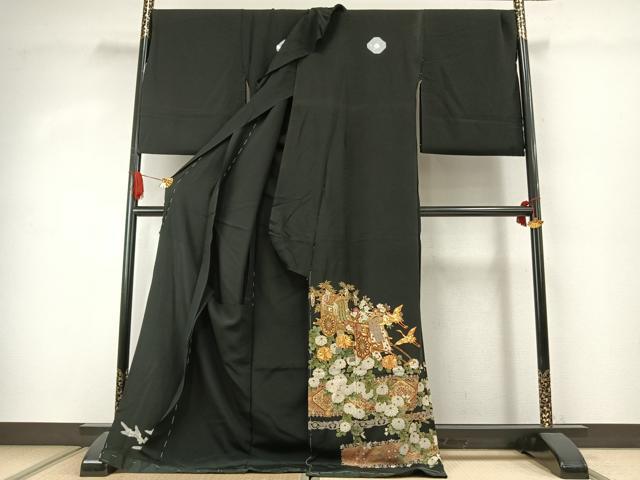 平和屋着物●豪華黒留袖 駒刺繍 御所車花鳥文 金彩 仮絵羽 正絹 逸品 未使用 AABJ4293fy