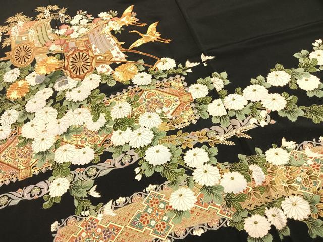 平和屋着物●豪華黒留袖 駒刺繍 御所車花鳥文 金彩 仮絵羽 正絹 逸品 未使用 AABJ4293fy
