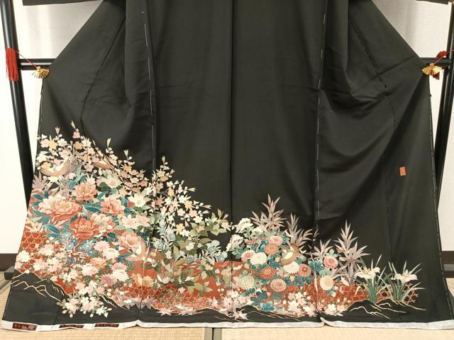 平和屋着物●豪華黒留袖 作家物 花鳥文 本うるし金彩 浜ちりめん 仮絵羽 正絹 逸品 未使用 AABJ4294fy
