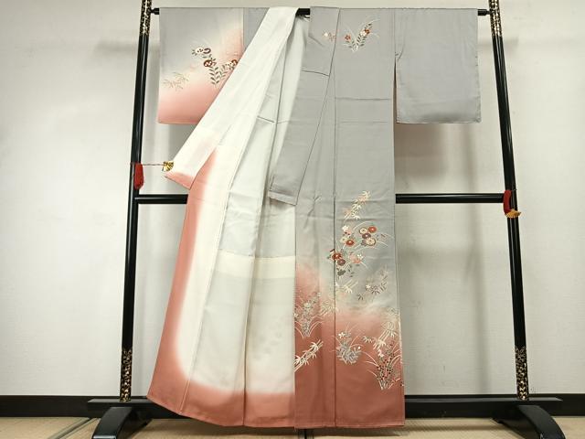 平和屋着物●訪問着 作家物 刺繍 草花文 暈し染め 金彩 正絹 逸品 未使用 AABJ4311fy