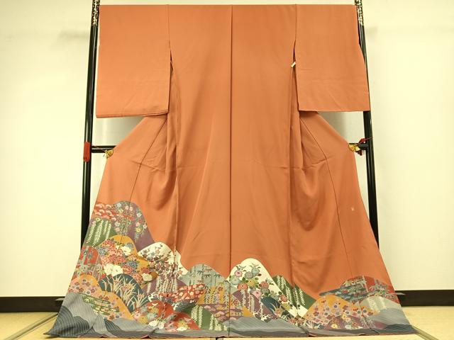 平和屋着物●豪華色留袖 友禅 作家物 草花文 浜ちりめん 仮絵羽 正絹 逸品 未使用 AABJ4325fy