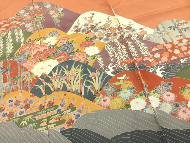 平和屋着物●豪華色留袖 友禅 作家物 草花文 浜ちりめん 仮絵羽 正絹 逸品 未使用 AABJ4325fy