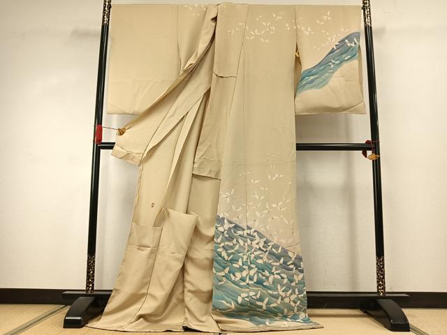 平和屋着物●十日町 加賀草木友禅の第一人者 田村哲彦 訪問着 舞蝶文 暈し染め 浜ちりめん 仮絵羽 正絹 逸品 未使用 AABJ4338fy