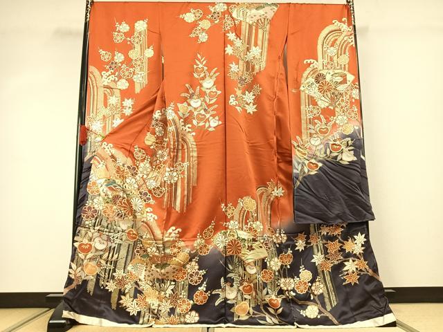 平和屋着物●豪華振袖 扇面花文 暈し染め 金糸 金彩 仮絵羽 逸品 未使用 AABJ4347fy