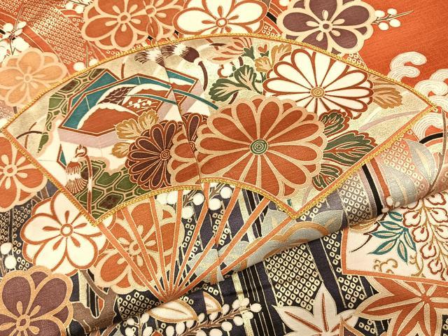 平和屋着物●豪華振袖 扇面花文 暈し染め 金糸 金彩 仮絵羽 逸品 未使用 AABJ4347fy