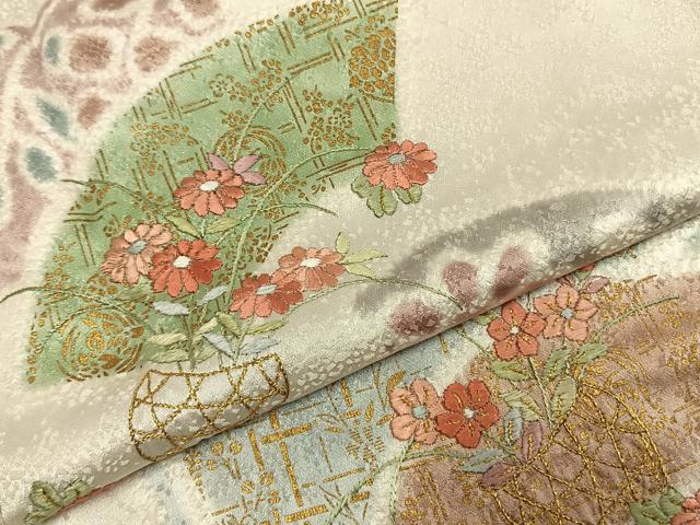 平和屋着物●訪問着 絞り 刺繍 地紙花文 金糸 金彩 正絹 逸品 AABJ4361fy