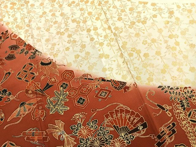 平和屋着物●訪問着 駒刺繍 宝尽くし扇面花文 暈し染め 金銀糸 金彩 ロング丈 正絹 逸品 AABJ4363fy