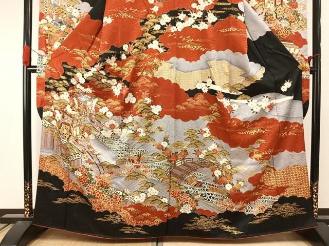 平和屋着物●豪華振袖 駒刺繍 御所車花鳥文 金彩 正絹 逸品 未使用 AABJ4374fy