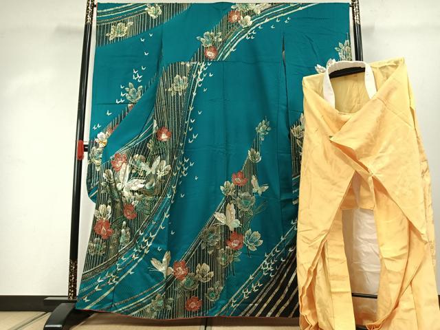 平和屋着物●豪華振袖・長襦袢(無双仕立て)セット 花蝶文 暈し染め 金銀彩 正絹 逸品 AABJ4392fy