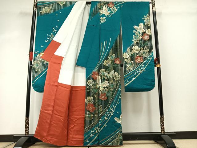 平和屋着物●豪華振袖・長襦袢(無双仕立て)セット 花蝶文 暈し染め 金銀彩 正絹 逸品 AABJ4392fy