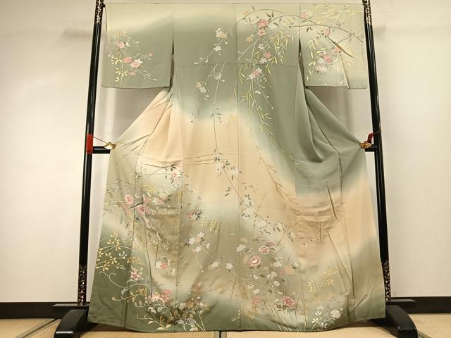 平和屋着物●訪問着 友禅 枝花文 暈し染め 金銀彩 正絹 逸品 AABJ4411fy