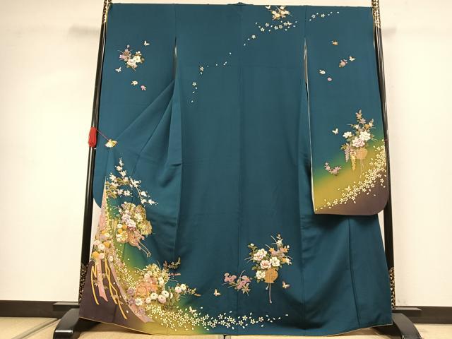 平和屋着物●豪華振袖 片輪車貝桶花蝶文 暈し染め 金彩 さが美扱い 正絹 逸品 AABJ4442fy