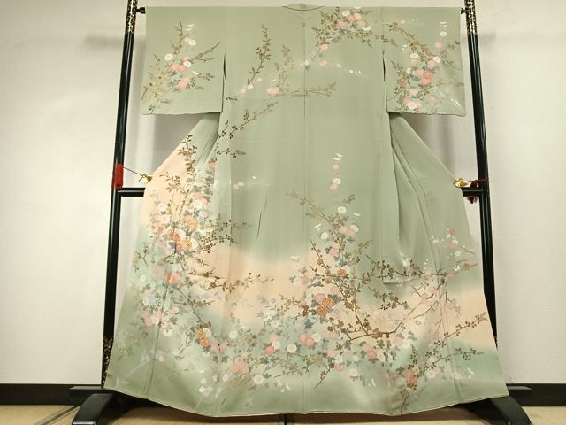 平和屋着物●十日町友禅作家 松雨 訪問着 駒刺繍 枝花文 暈し染め 金彩 正絹 逸品 AABJ4444fy