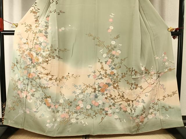 平和屋着物●十日町友禅作家 松雨 訪問着 駒刺繍 枝花文 暈し染め 金彩 正絹 逸品 AABJ4444fy