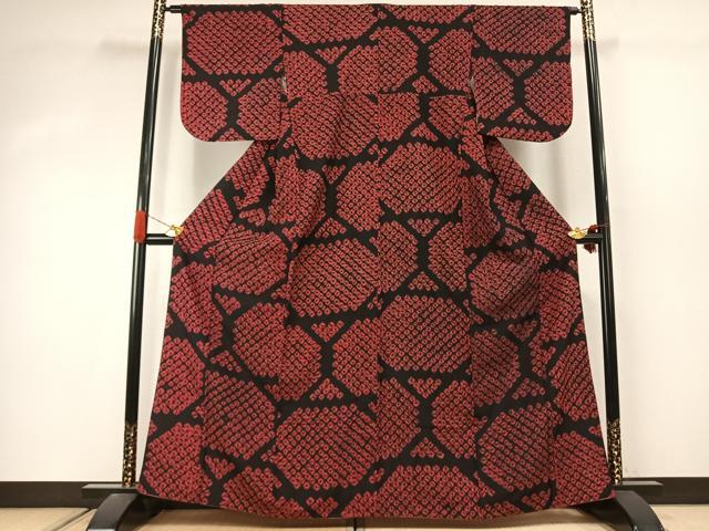 平和屋着物●上質な小紋 雲絞り 幾何学文様 黒地 正絹 逸品 AABJ4445fy