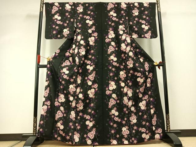 平和屋着物●小紋 枝花文 黒地 洗える着物 AABJ4458fy