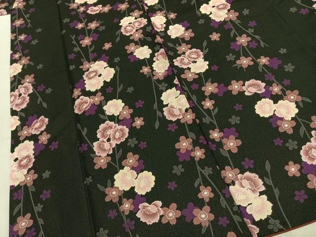平和屋着物●小紋 枝花文 黒地 洗える着物 AABJ4458fy