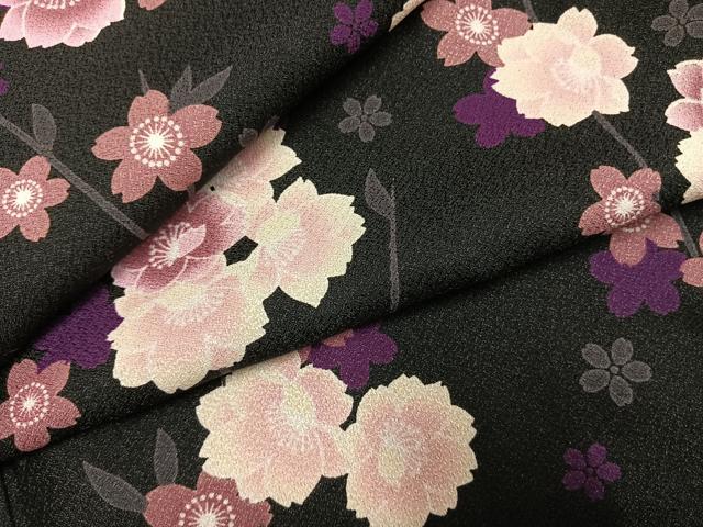 平和屋着物●小紋 枝花文 黒地 洗える着物 AABJ4458fy