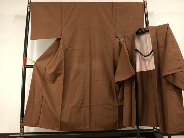平和屋着物●男性 紬 アンサンブル 色無地 渋紙色 正絹 逸品 AABJ4462fy