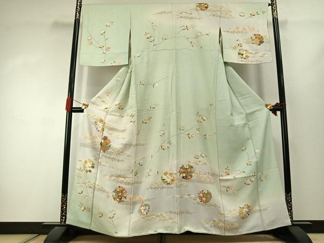 平和屋着物●訪問着 作家物 駒刺繍 草花文 暈し染め 金彩 正絹 逸品 AABJ4464fy