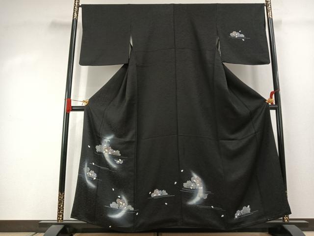 平和屋着物●訪問着 駒刺繍 舞桜文 暈し染め 黒地 金彩 正絹 逸品 AABJ4473fy