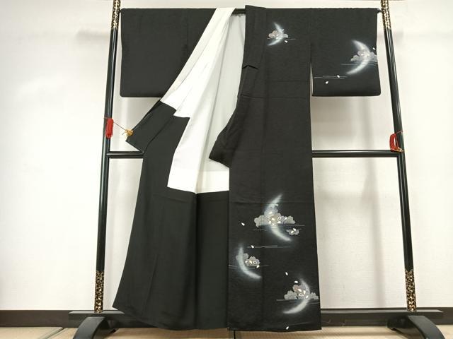 平和屋着物●訪問着 駒刺繍 舞桜文 暈し染め 黒地 金彩 正絹 逸品 AABJ4473fy
