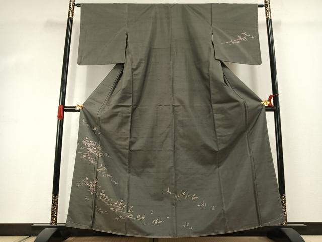 平和屋着物●訪問着 紬地 草花文 正絹 逸品 AABJ4475fy
