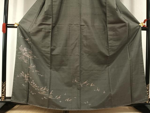 平和屋着物●訪問着 紬地 草花文 正絹 逸品 AABJ4475fy
