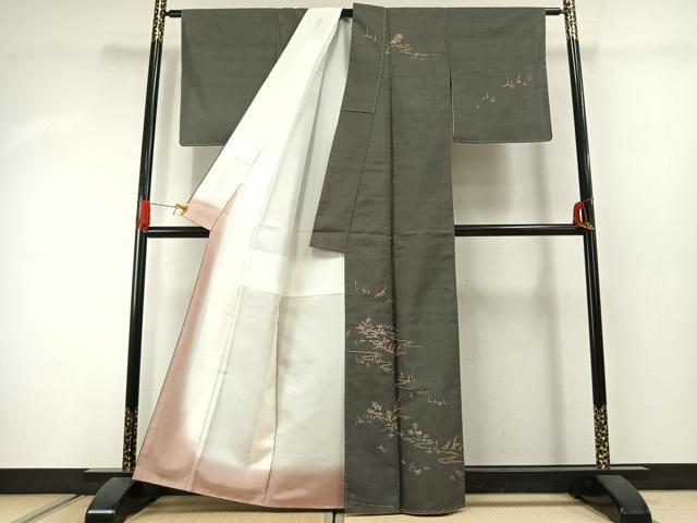 平和屋着物●訪問着 紬地 草花文 正絹 逸品 AABJ4475fy