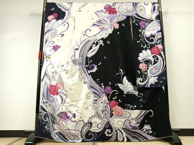平和屋着物○森英恵・HANAE MORI 振袖 駒刺繍 花蝶文 銀彩