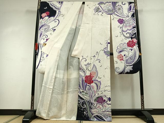 平和屋着物●森英恵・HANAE MORI 振袖 駒刺繍 花蝶文 銀彩 正絹 逸品 AABJ4482fy