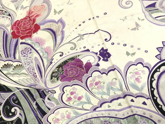 平和屋着物●森英恵・HANAE MORI 振袖 駒刺繍 花蝶文 銀彩 正絹 逸品 AABJ4482fy