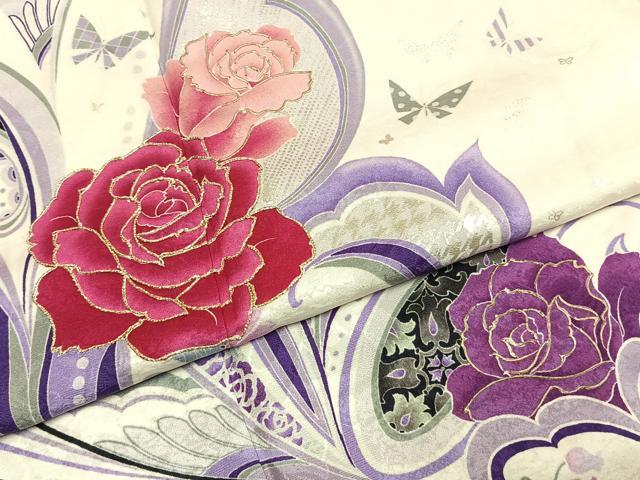 平和屋着物●森英恵・HANAE MORI 振袖 駒刺繍 花蝶文 銀彩 正絹 逸品 AABJ4482fy