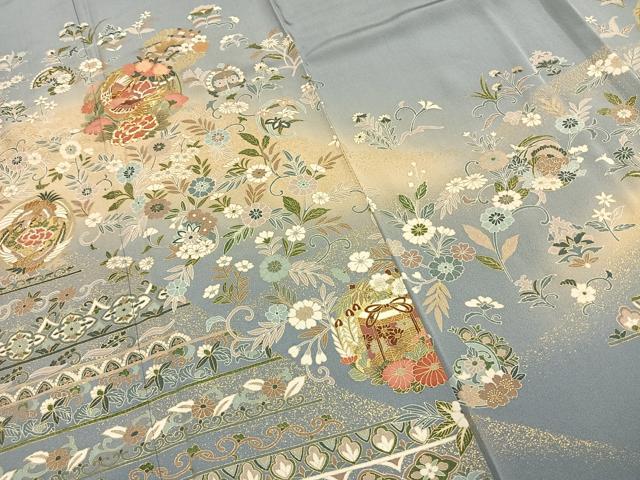 平和屋着物●訪問着 作家物 駒刺繍 花鳥文 暈し染め 金彩 反端付き 正絹 逸品 AABJ4485fy