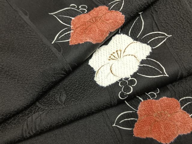 平和屋着物●上質な小紋 地紋起こし 草花文 黒地 金彩 正絹 逸品 AABJ4497fy