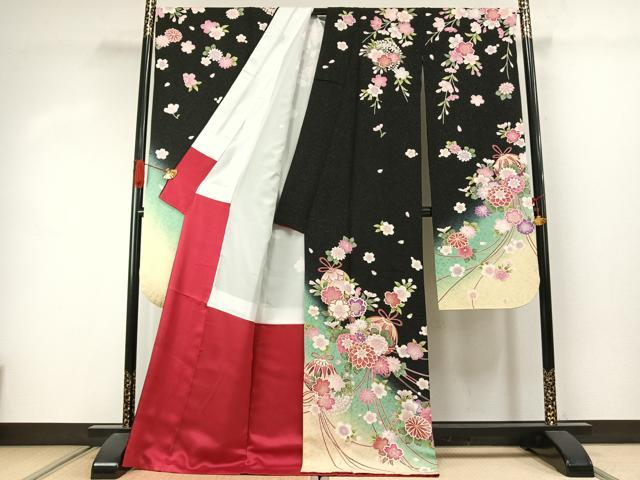 平和屋着物●豪華振袖 草花文 暈し染め 黒地 金通し地 正絹 逸品 AABJ4524fy